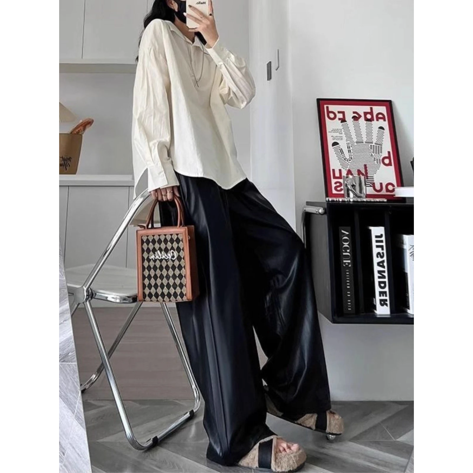 メンズハイウエストストレートレッグPUレザーワイドレッグパンツ秋冬プラスサイズファッショナブルスリムロングパンツカジュアルウェア