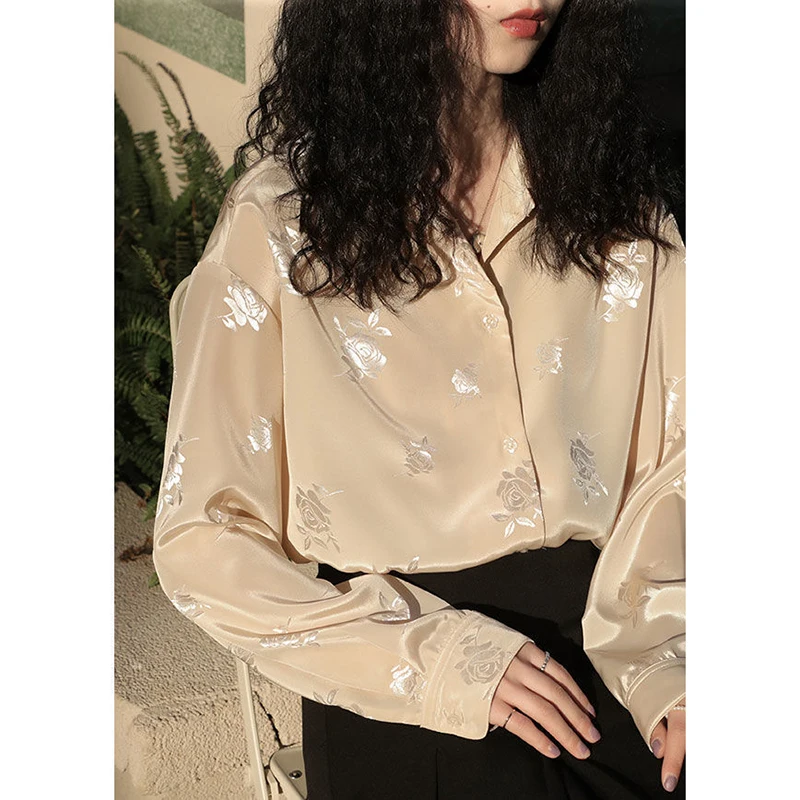 MEXZT Vintage Satin Shirts Women Harajuku Floral Print Long Sleeve Blouses Korean Streetwear Retro Oversized Loose Casual Tops