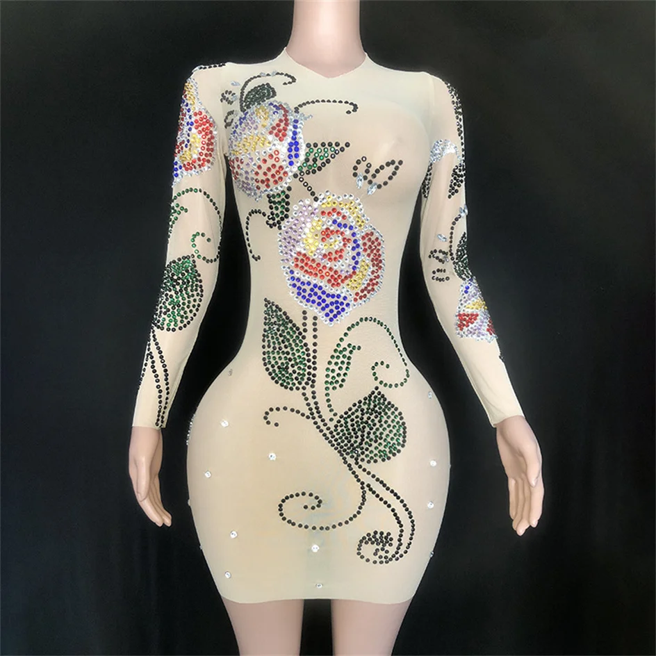 

Colorful Rhinestones Flower Women Sexy Sheath Dress Evening Party Performance Costume Bar Nightclub Singer Dancer Stage Wear