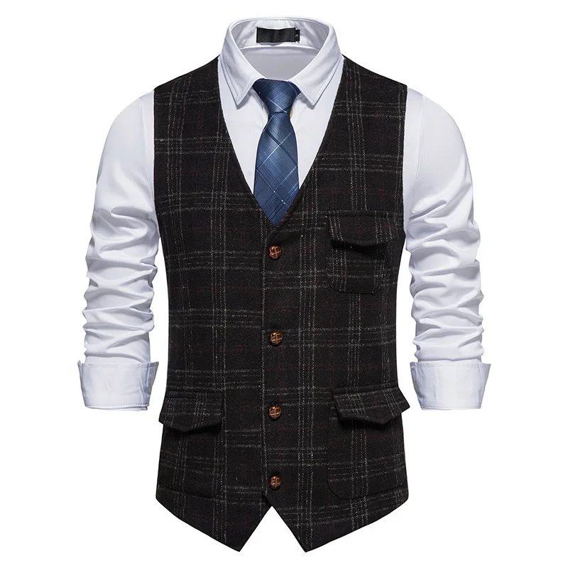 Retro Men Suit Vest British Style Single Breasted Woolen Sleeveless Jacket Slim Fit Vests Wedding Party Formal Blazer Waistcoat