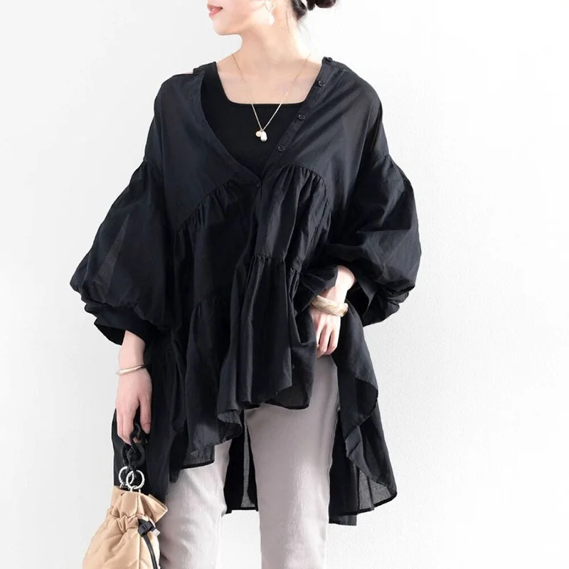 Kuzuwata Solid Color Lantern Sleeve Shirt Women Summer Japanse Mid-Length Blouse Chic Casual Temperament Slim Round Neck Blusa