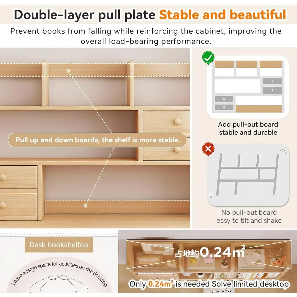 حقيبة مكتب، منظم رف سطح المكتب الخشبي مع حجرة ودرج لغرفة النوم الجامعية، رف كتب علوي للمكتب للتخزين #6