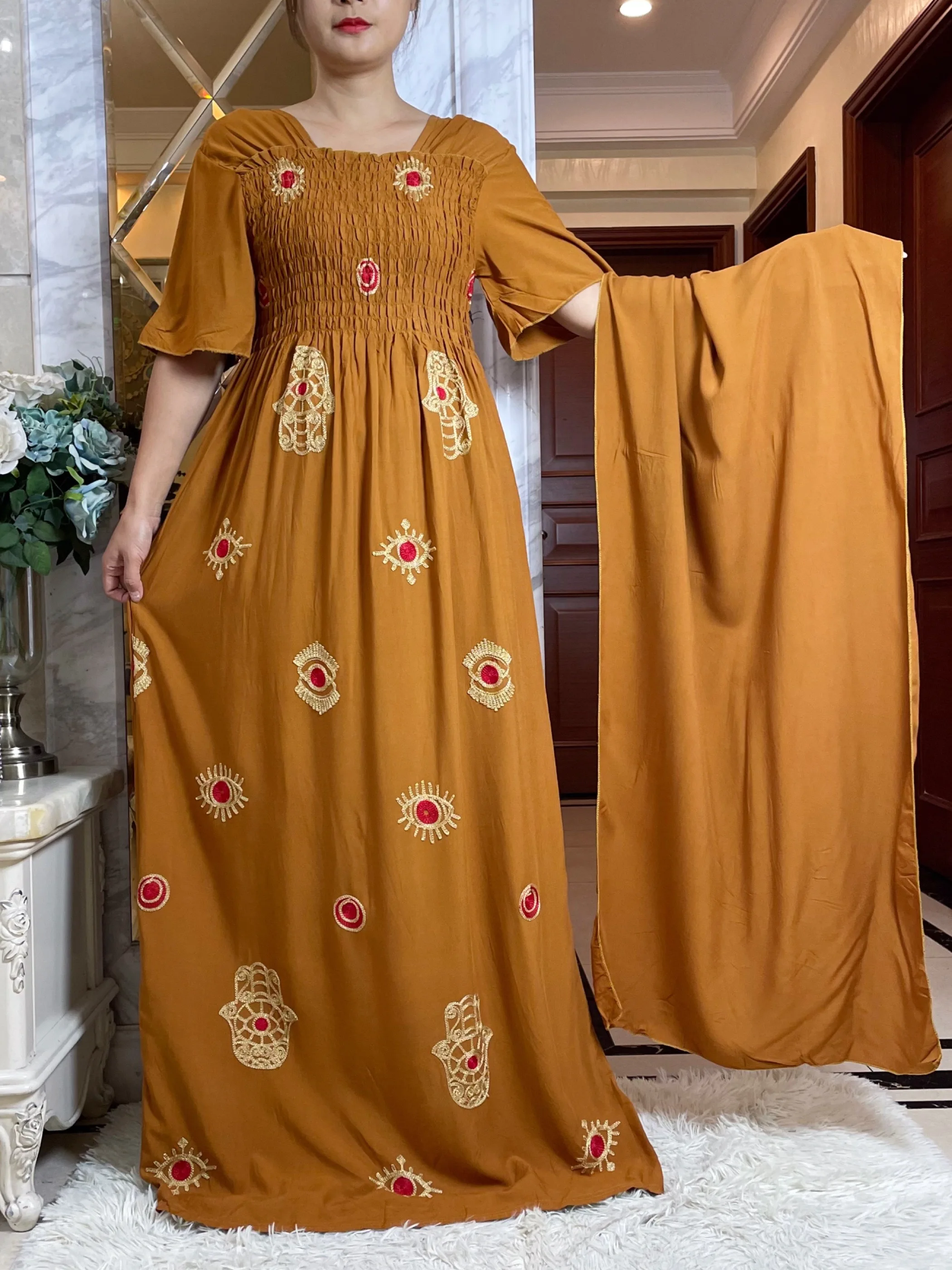 New Dubai Embroider Cotton Muslim Modest Dress For Women Elegant Arabic Femme Abaya Islamic Quarter Sleeve Turkey Clothing