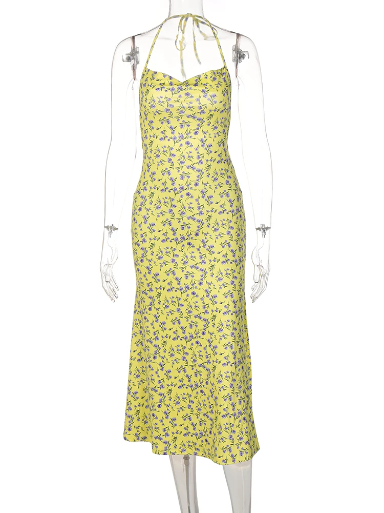 Hugcitar stampa floreale Slip senza maniche Backless Sexy fessura Maxi abito da ballo estate donna elegante Y2K vestiti Beach Festival Party