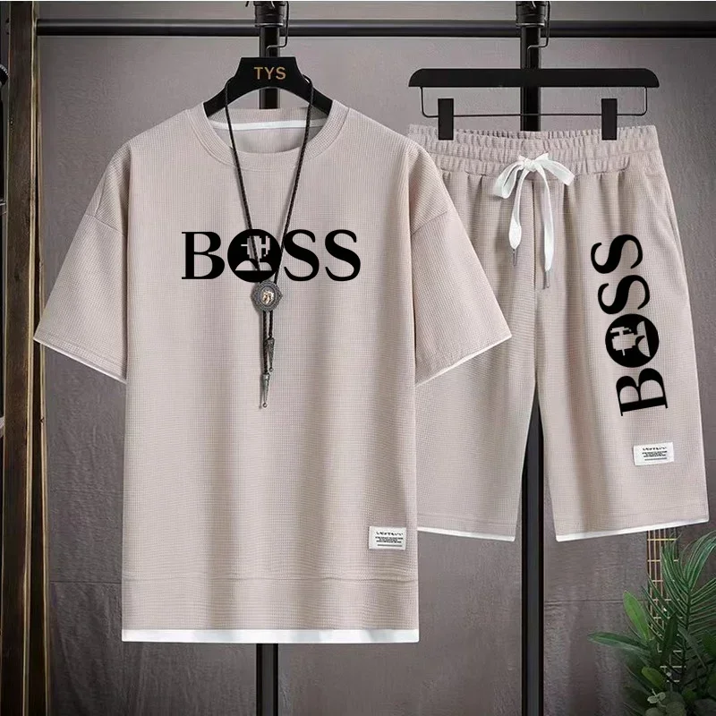 New summer jogging short-sleeved sportswear suit men\'s fitness fashion casual T-shirt + jogging basketball shorts 2-piece set