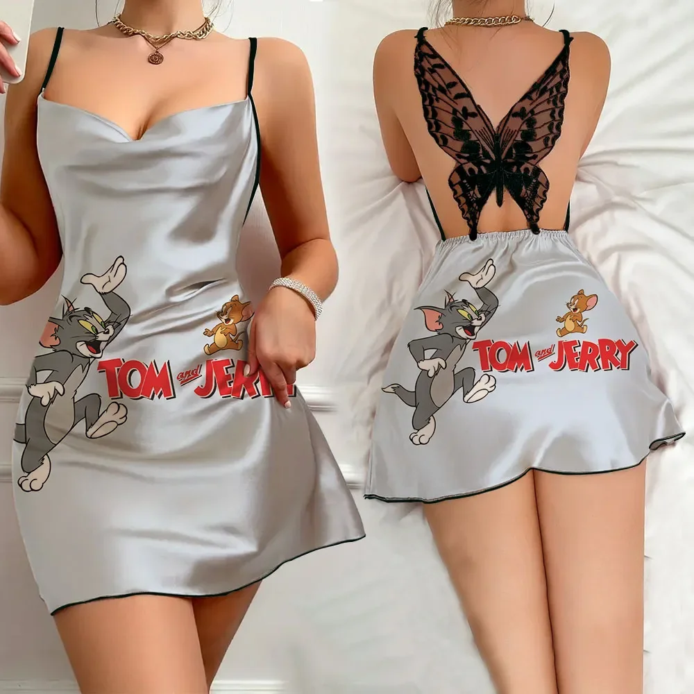 New Mickey Pattern Nightwear for Women Sexy Chic Back Butterfly Hollow out Female Pajama Summer Women's Suspender Sleeping Dress