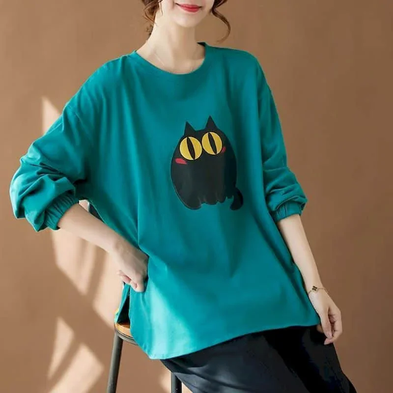 Pop Pop Literary T-shirts For Women Fork Design Tees Oversized Casual Korean Style Long Sleeve O-neck Vintage Aesthetic Clothes