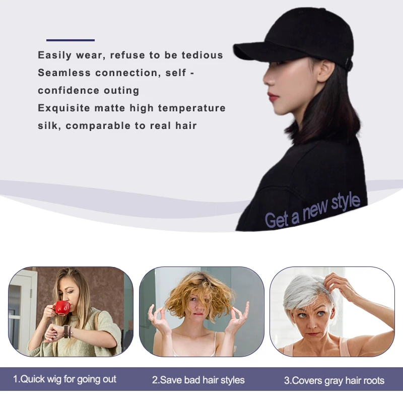 Peruca de chapéu LUPU de 6 polegadas com boné de beisebol – Peruca de chapéu ajustável feminina com peruca sintética fácil de combinar e usar