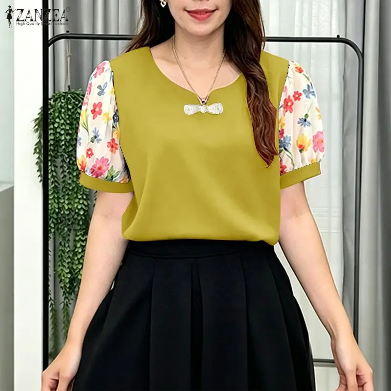 

2026 Stylish Summer Patchwork Blouse ZANZEA Women Floral Printed Tops Casual O Neck Short Sleeve Blusas Work Shirt Holiday Mujer