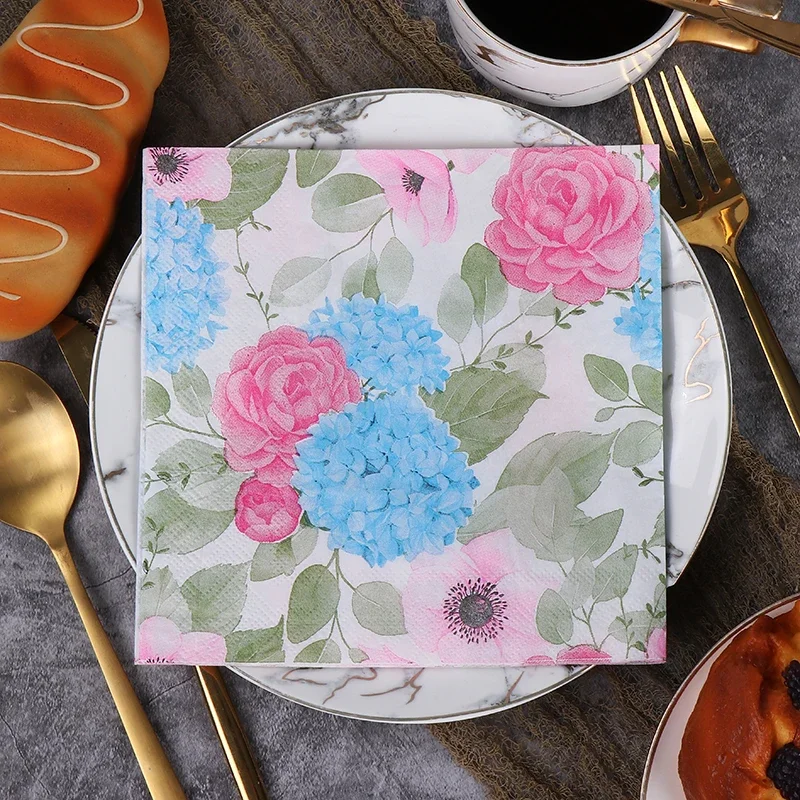 Rose hydrangea printed napkins disposable western restaurant coffee shop wedding party pure wood paddle dinner paper 20pcs/Pac