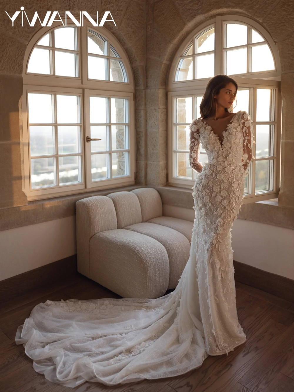 

Shiny Beaded Wedding Dress With 3D Flower Long Sleeved Mermaid Bridal Gown Customized Luxury Floor-length Dresses For Bride