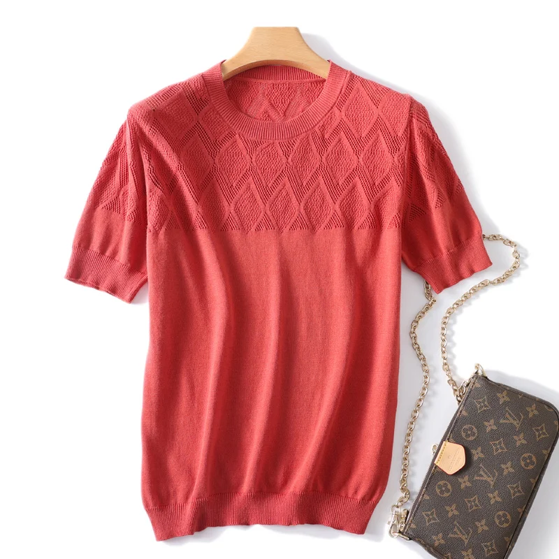 Primavera nova feminina meio aberta com decote em v fina lã penteado de malha de fundo meia manga camiseta de manga curta