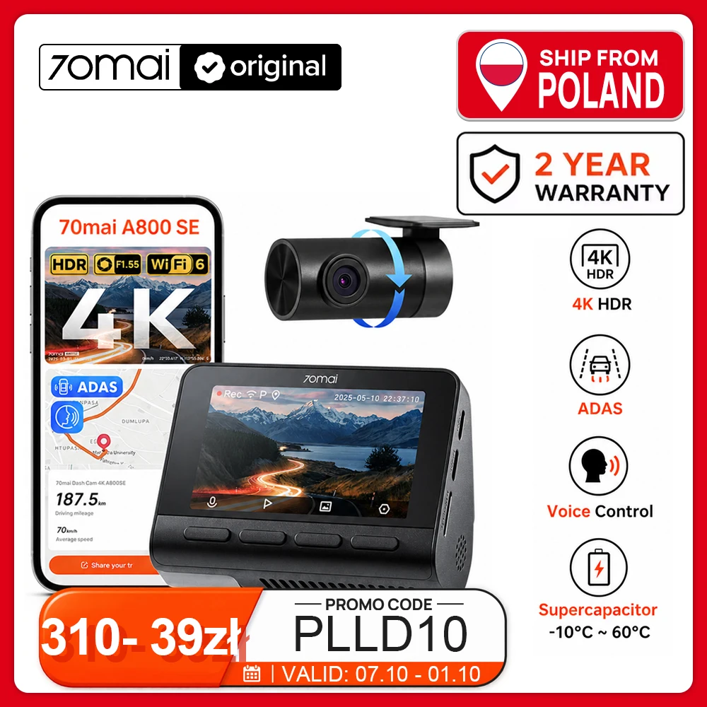 Dash Cam 70mai 4K A800SE con Monitoraggio Parcheggio 24H, Controllo Vocale, Supercondensatore, GPS, ADAS, DVR Auto, Visione Notturna UHD, Wifi 6