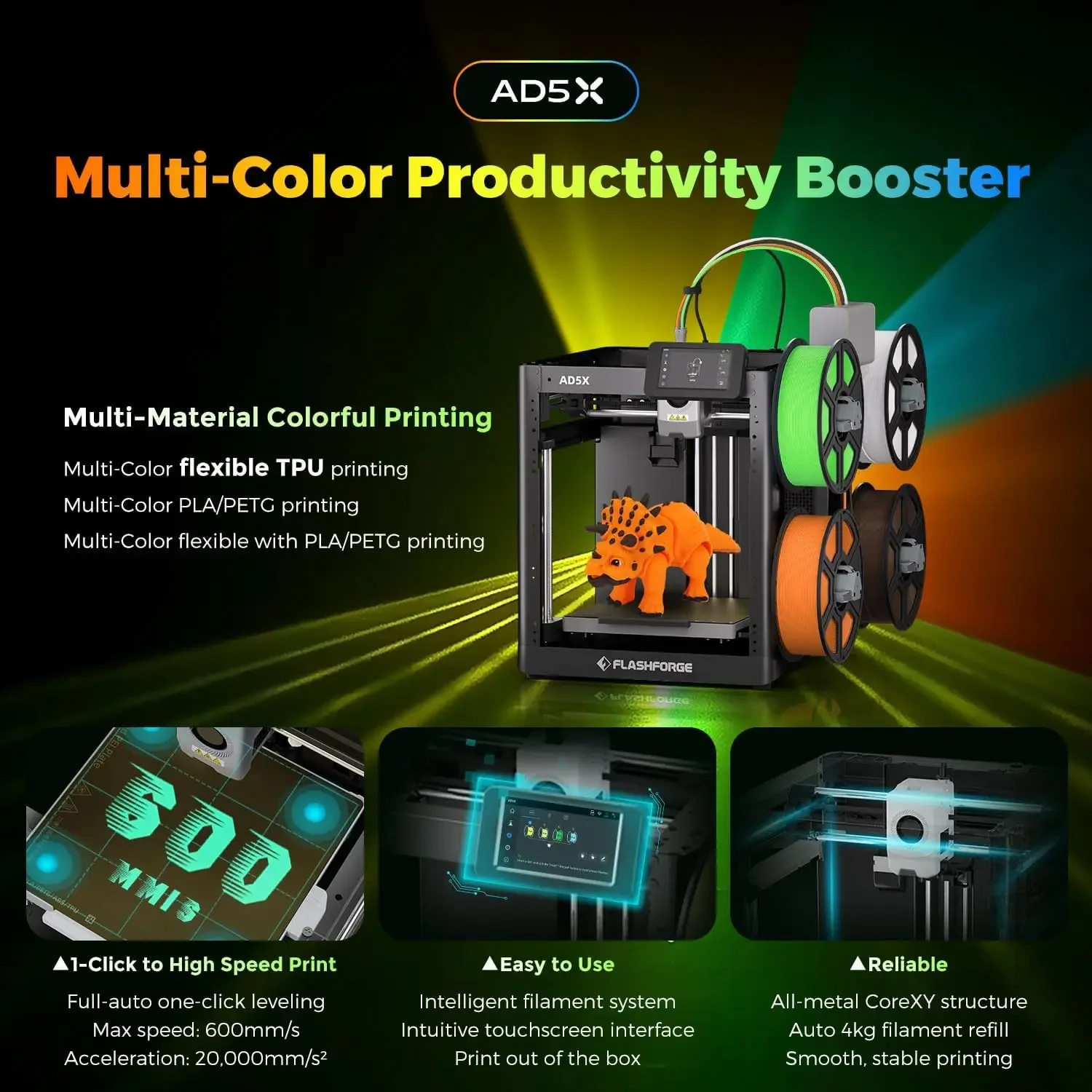 AD5X Multi-Material 3D Printer 4-Color Printing, 600mm/s Speed 1-Click Print with DIY IFS Creations, Full-Auto Calibration