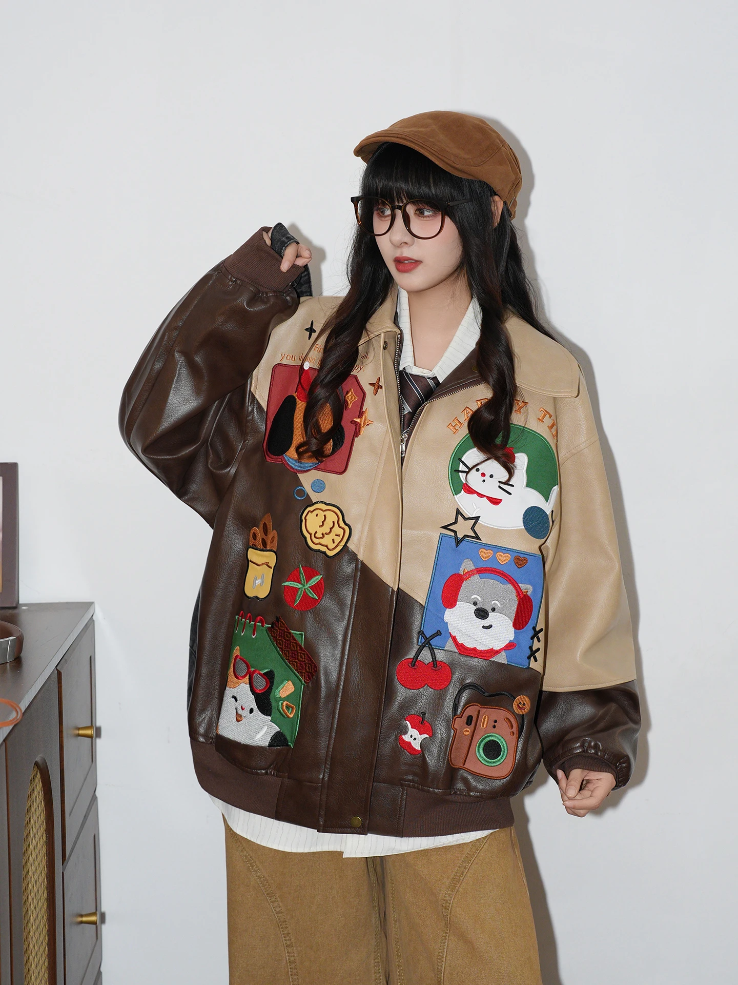 Loose Fit Embroidered Patchwork Color Block Leather Jacket Street Style Autumn Outerwear for Men And Women Cartoon Stitching