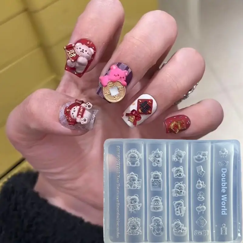 1 pz stampo per nail art in silicone cartone animato orso di capodanno modello per unghie trasparente fai da te 3D decorazione per nail art strumento di progettazione per manicure