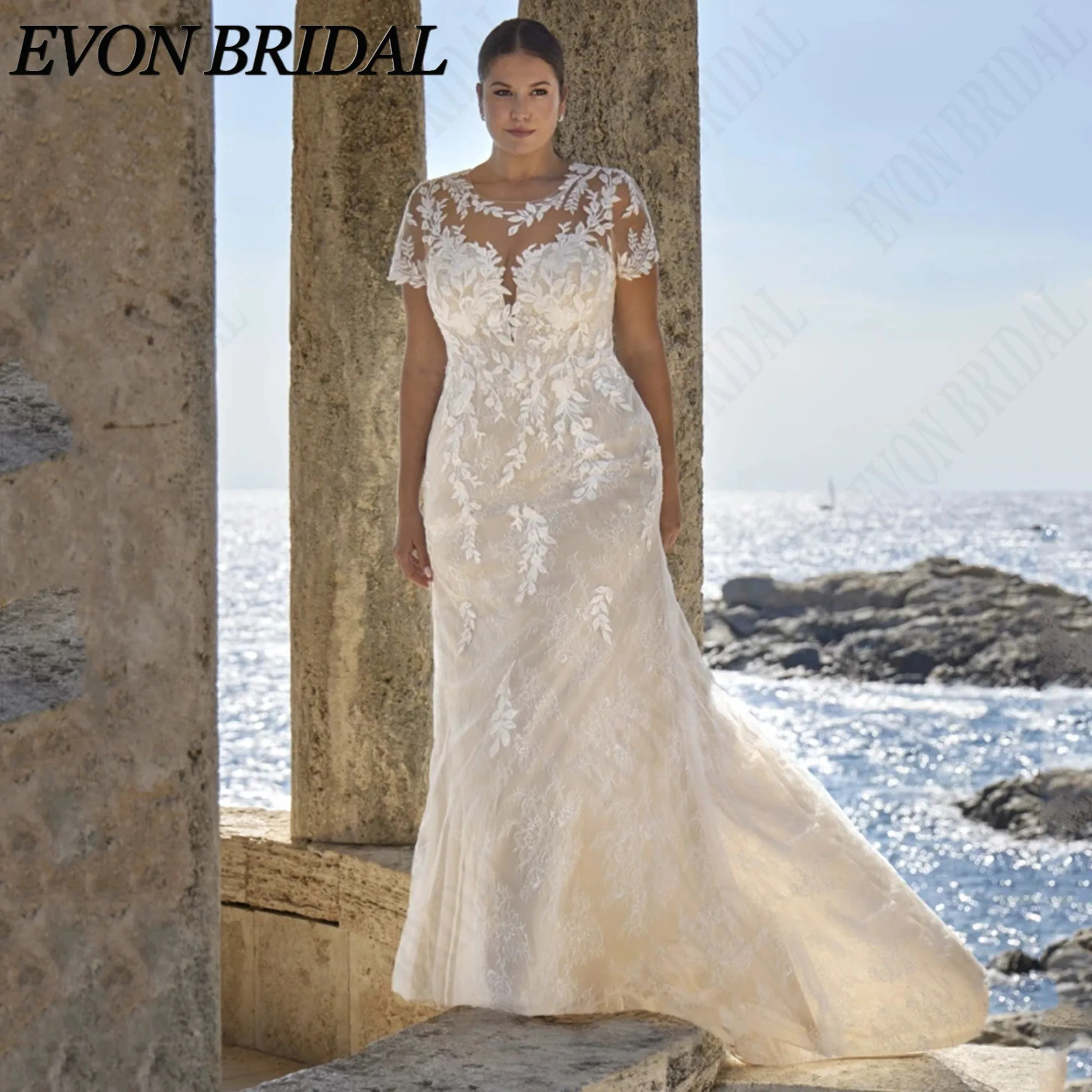 EVON BRIDAL Short Sleeves Lace Customized Wedding Dress Plus Size O-Neck Lace Appliques Bride Dresses Mermaid Bridal Gown