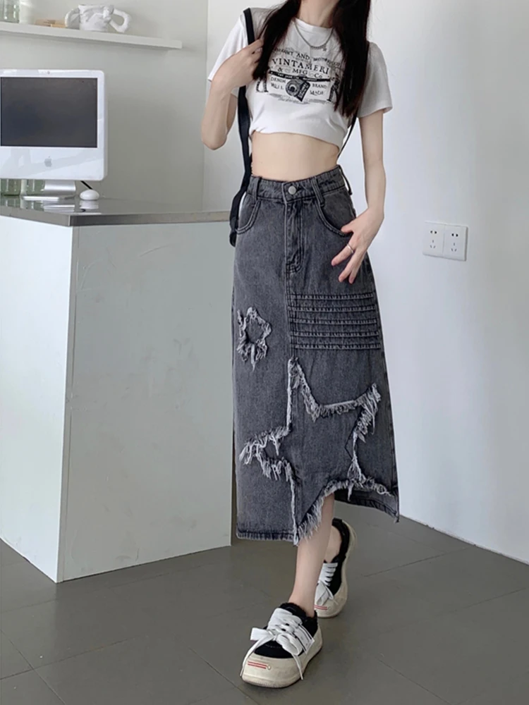 Women Star Denim Skirt Y2k A-Line Skirts Harajuku Korean Vintage 90s Aesthetic Long Jeans Skirt 2000s Trashy Clothes Summer 2024