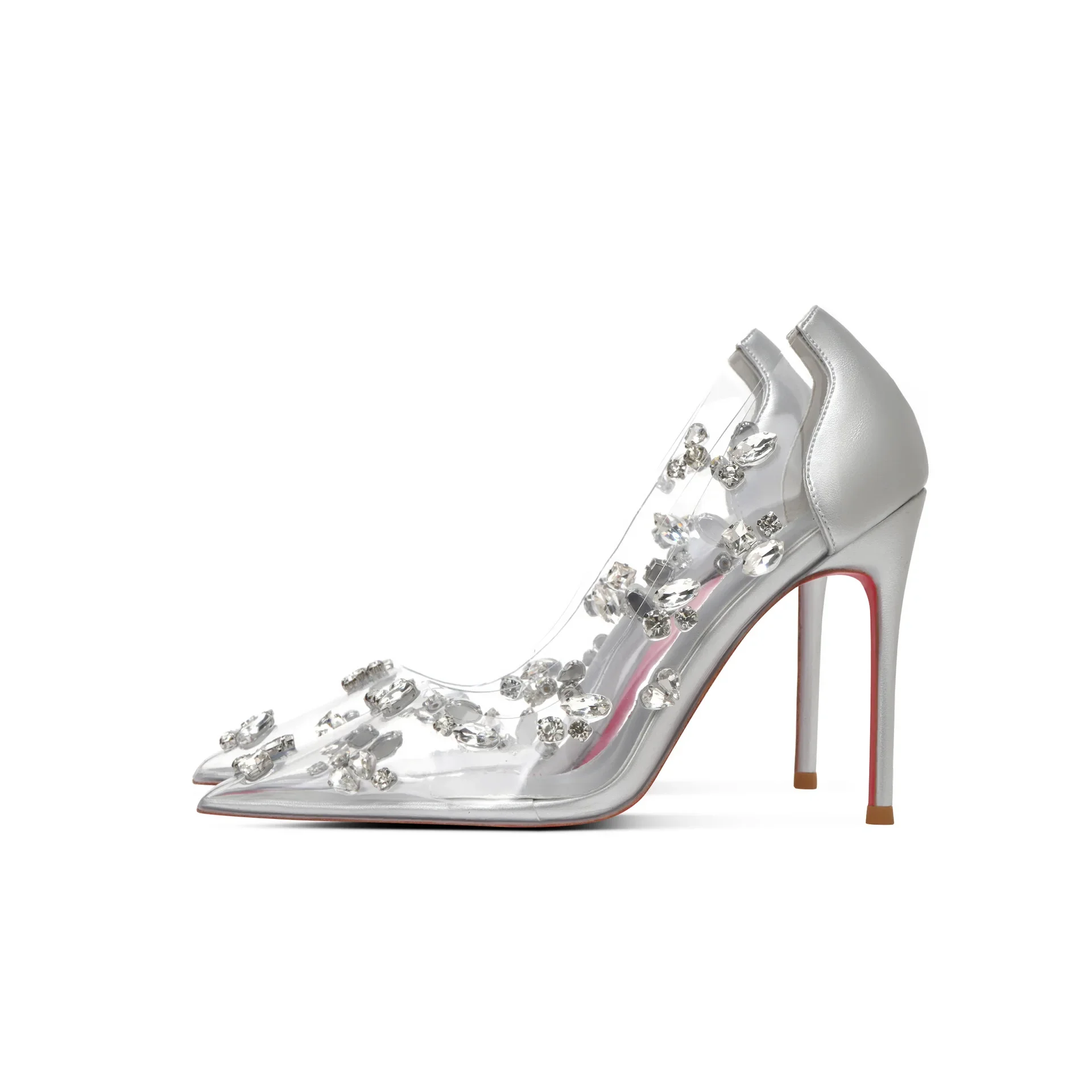 

Women's Summer Banquet Flat High Heel Slip-On Wedding Shoes Lady Party Silver Transparent Rhinestone Large Diamond Single Shoes