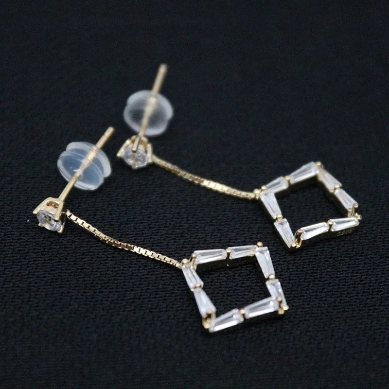 

Real Solid 925 Sterling Silver Stud Women Lucky Zircon Square Chain Dangle Earrings