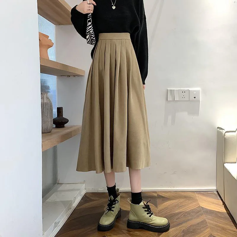 GIDYQ Vintage Women High Waist Pleated Skirt Korean Elegant College Style Midi Skirt Casual All Match Student A Line Skirts New