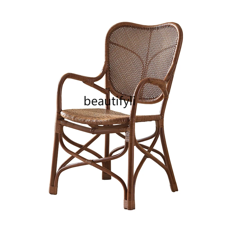 Indonesia Natural Real Rattan Dining Chair Balcony Leisure Chair Household Hand-Knitted Armchair Silent Rattan Chair furniture