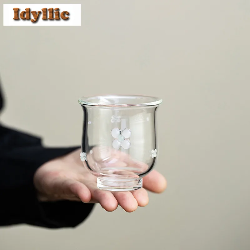 

130ml Handmade Four-leaf Clover Glass Teacup Aesthetic Tea Bowl Mug Tea-tasting Personal Cup Chazhan Master Cups Teaset Supplies