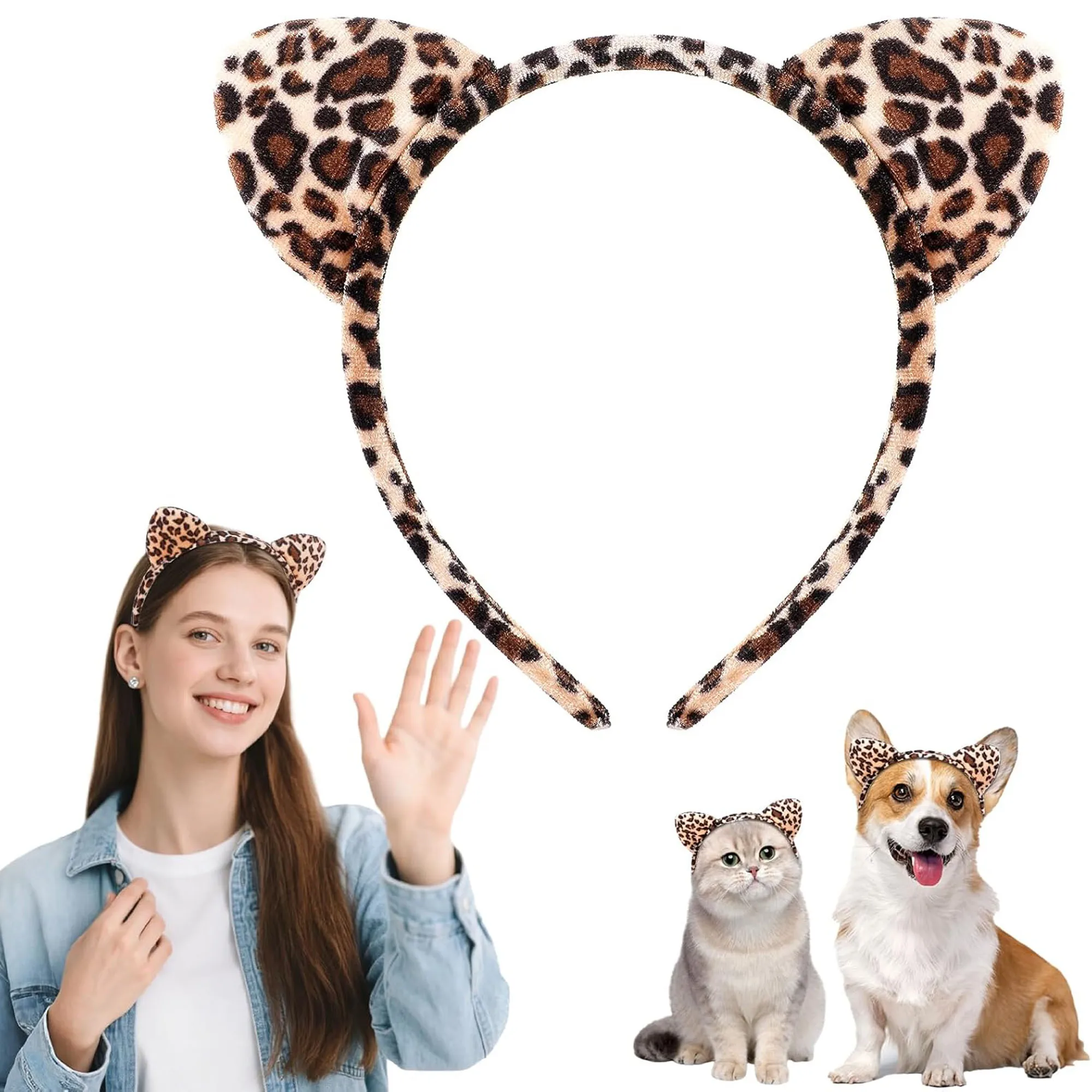 12Pcs Leopard Headband with Cat Ears Cosplay Party Bunnies Hairband Velvet Fabric Bandeau Wholesale Gifts for Family Friends