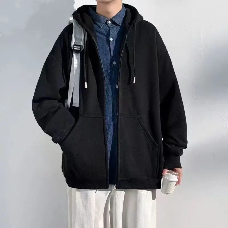 Men's Spring 2027 Hooded Sweatshirt Jacket, Lightweight and Loose-Fitting Fall Top, Available in Gray, Black, and Brown.