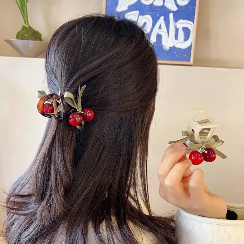 Cute Cherry Hair Claw Clip with Green Ribbon Bow Non Slip Jaw Clip Lovely Daily Hair Accessory for Girls Hairstyle Decoration view 5
