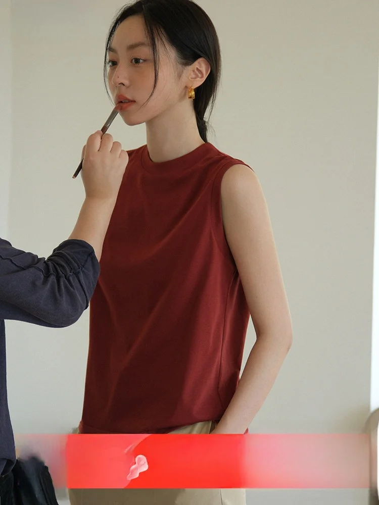 Xumooxii Retro Red Ins Cool Sensation Slim Fit Loose round Neck Cotton Sleeveless T Shirt Women Summer Vest Casual Style
