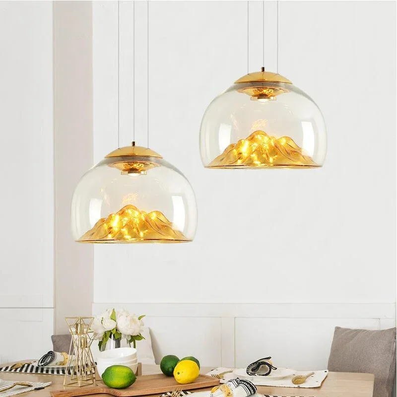 Nordic Golden Glass Single Pendant Lamp Simple Creative Mountain Design LED Restaurant Decorative Lighting Lustre