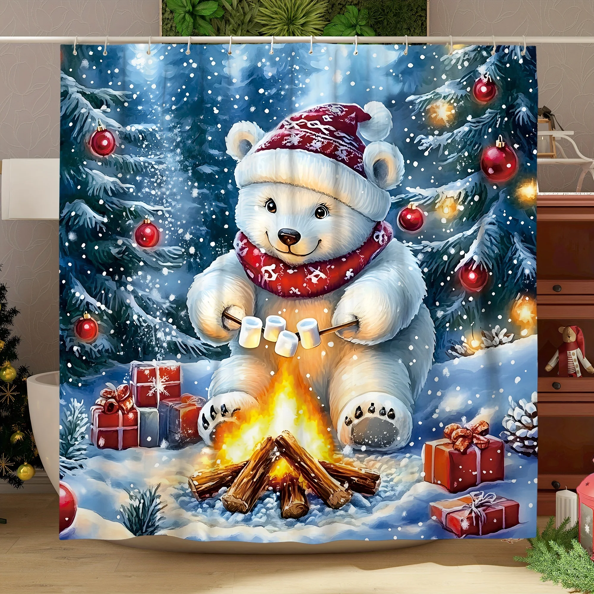 4PCS Christmas Tree Winter Shower Set, Bear Gift Santa Hat Red White Print, 12 Hooks, Non-Slip Mat, U-Seat Cover, Holiday Decor