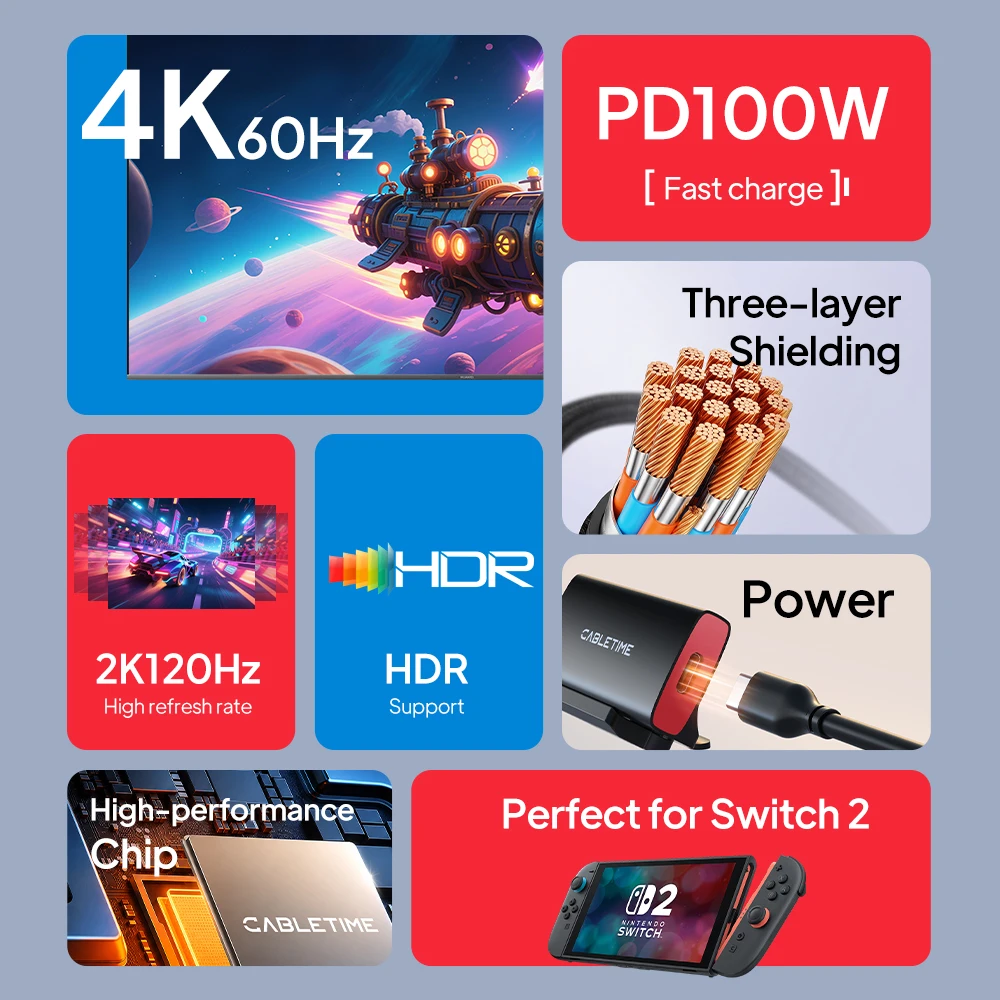 CABLETIME USB C Dock Cable PD100W Fast Charging Keep Gaming USB C to HDMI Cable for Switch 2 Monitor TV Projector
