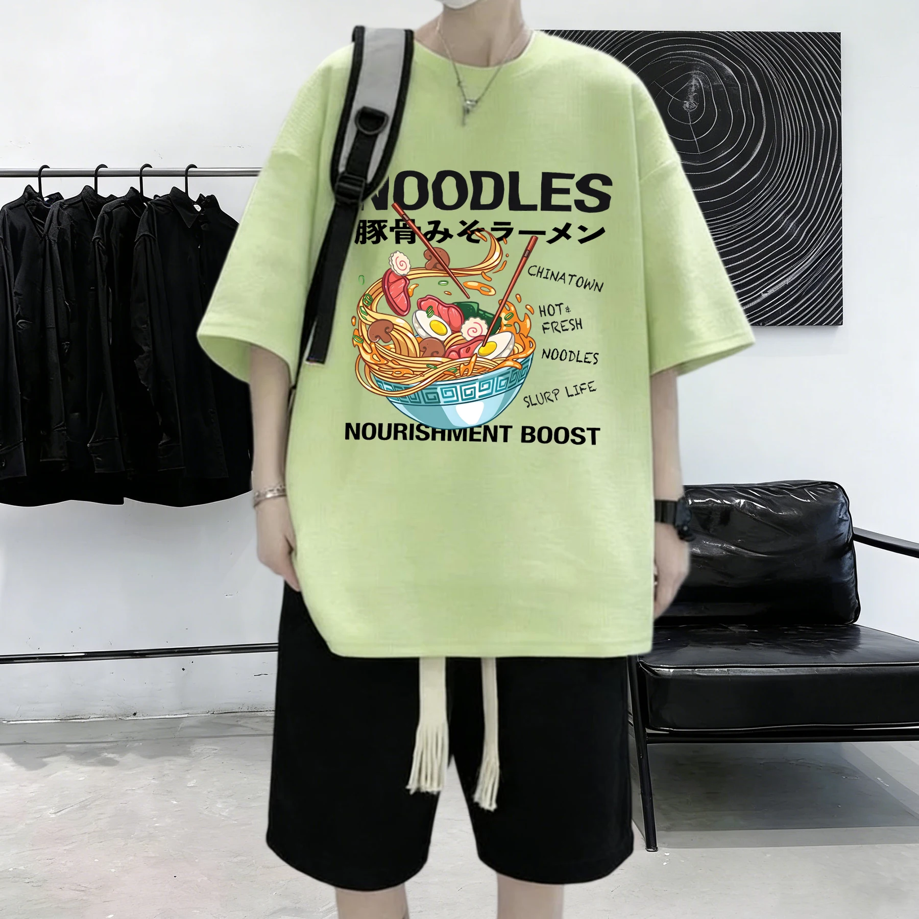 Delicious Pork Bone Lamian Noodles Print Mens Summer Cotton Fashion Short Sleeve Breathable Street T Shirts Loose Sport Clothes