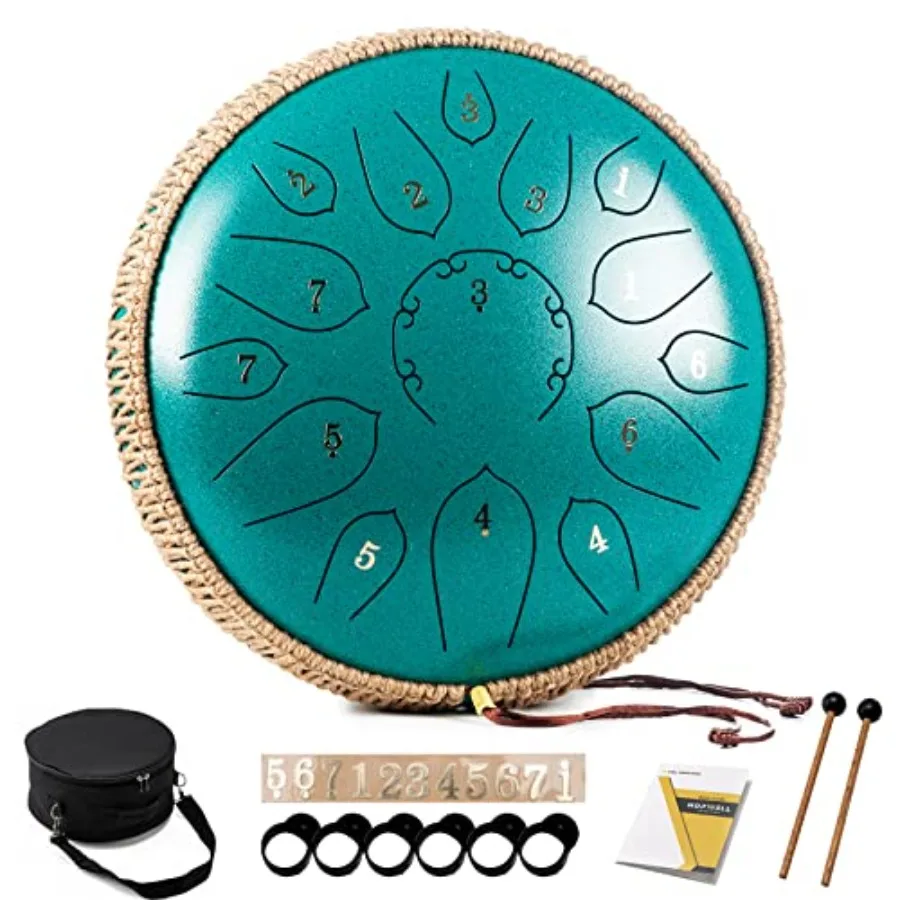

Steel Tongue Drum 15 Note 12 Inch Percussion Instrument in Malachite Green with Music Book Drum Mallets and Carry Bag D Major