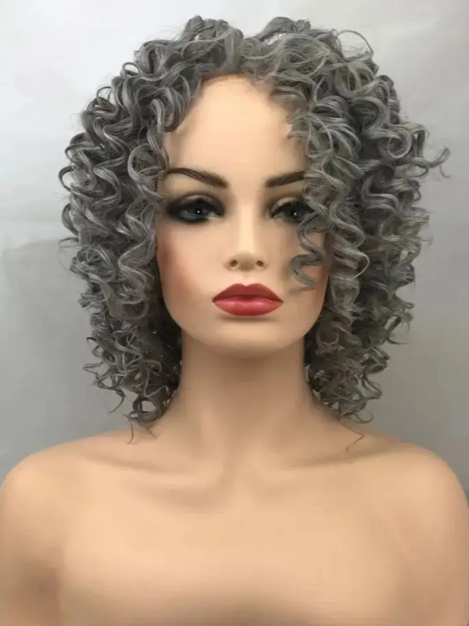 Short gray Curly  Transparent Lace  Women  Bouncy Curly Heat Resistant Fiber Wig