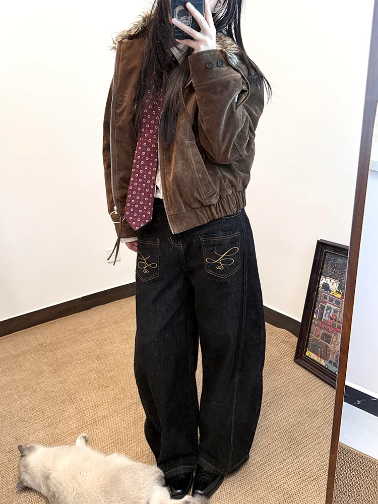 

Large Size American Retro High Waist Denim Pants Women's Loose Wide Leg Lazy Floor-Length Pants Knife Stitching Backward Wear