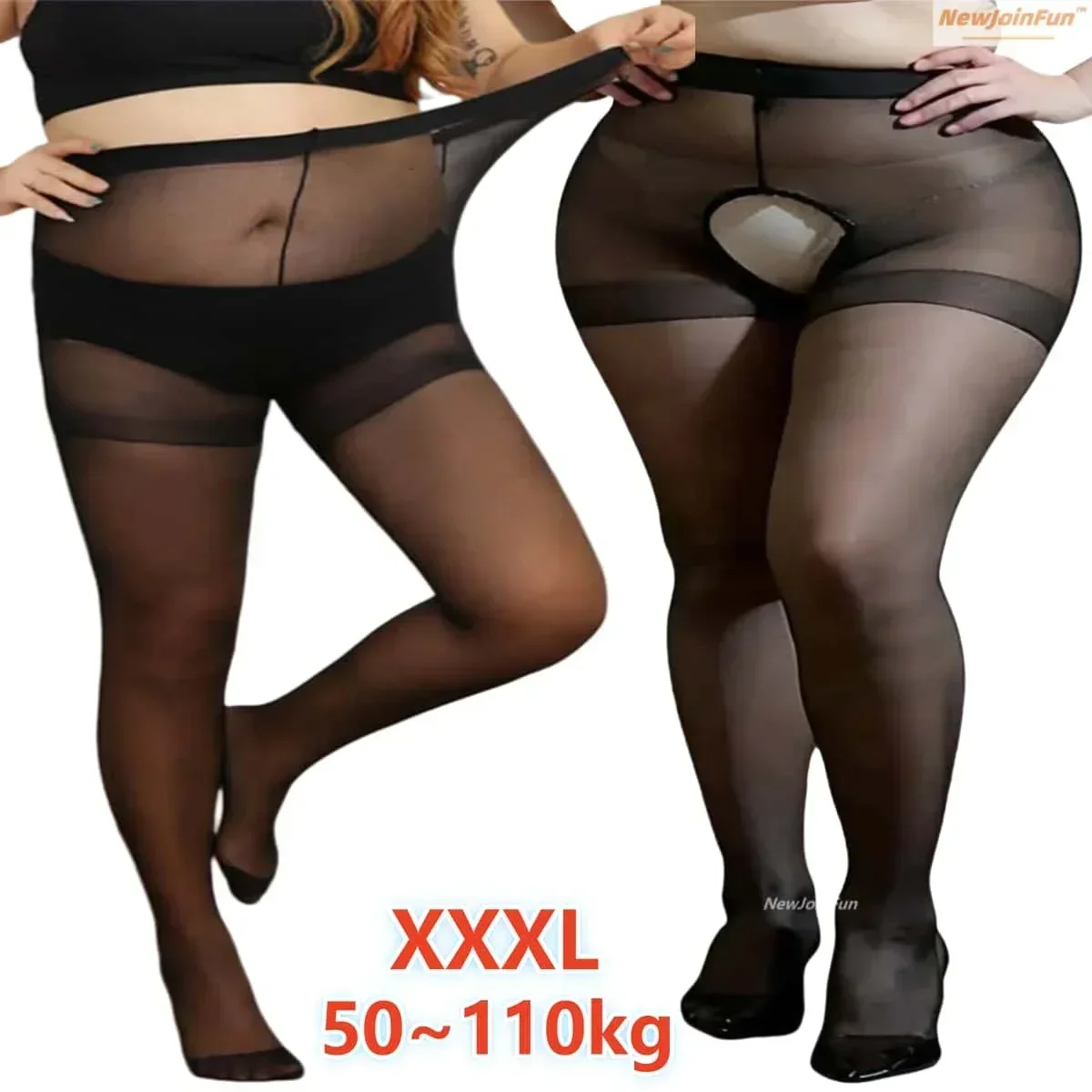 

15D Plus Large Size Elastic Open Crotchless Pantyhose for Oversize Women Sheer Female Black Stockings Sexy Tights Lingerie XXXXL