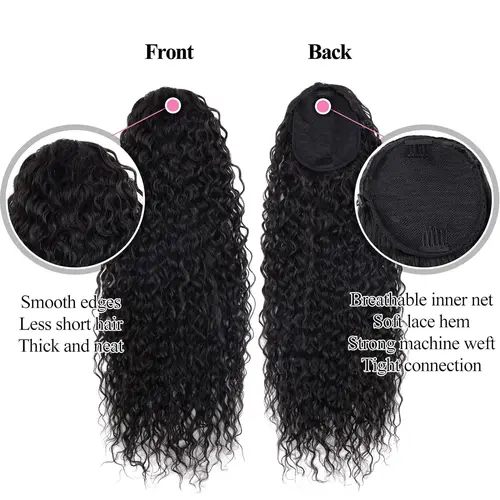 Imagen 2 del producto Cola de Caballo con cordón de onda de agua profunda, extensiones de cabello humano 100% Real, postizo negro Natural brasileño con Clip Ins, cola de caballo
