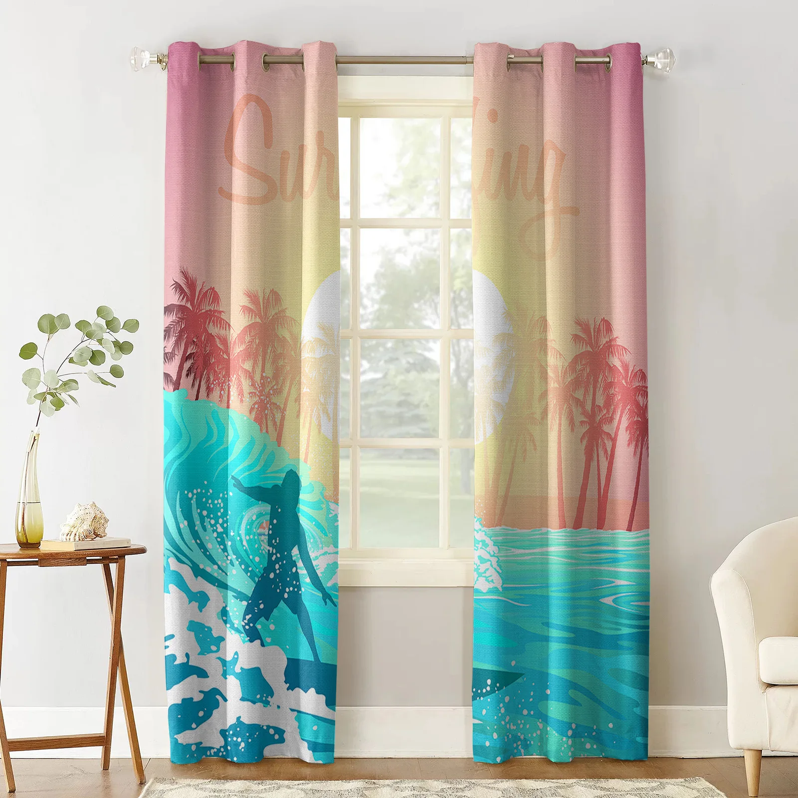 Surfing Waves Sunset Coconut Trees Window Screen Printed Design Office Indoor Window Curtains Kitchen Curtain Home Drapes