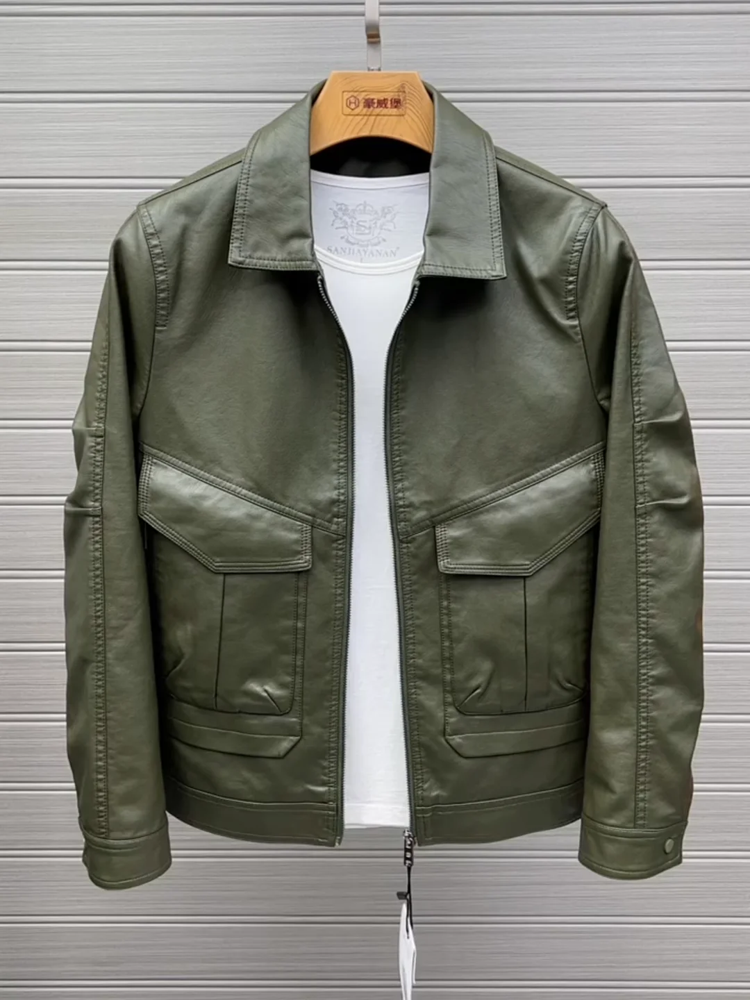 

Fall New Men's PU Leather Jaet Casual Cool Busin Sle Stand Fit Long Sve Zipper Closure Antibacterial Outerwear