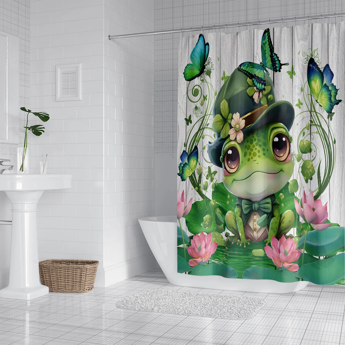 Rural Style Lotus Pond Frog Pattern Decor Fabric Bathroom Waterproof Shower Curtain With12 Pack Hooks