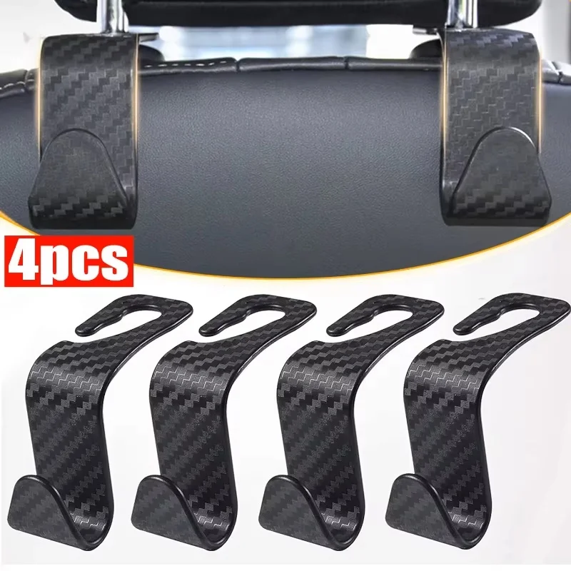 4Pcs Car Seat Headrest Hook for Auto Hidden Hook Back Seat Organizer Hanger Storage Holder Car Carbon Fiber Hooks for Purse Bags