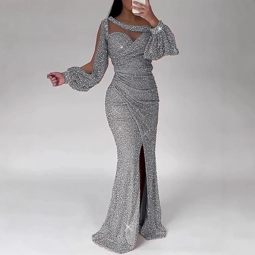 ชุดเดรสยาวหรูหราสำหรับงานปาร์ตี้ ประดับเลื่อม คอเสื้อแบบไม่สมมาตร แขนทรงกระดิ่ง ทรงเข้ารูป ผ่าข้าง ดีไซน์ทันสมัย สง่างาม