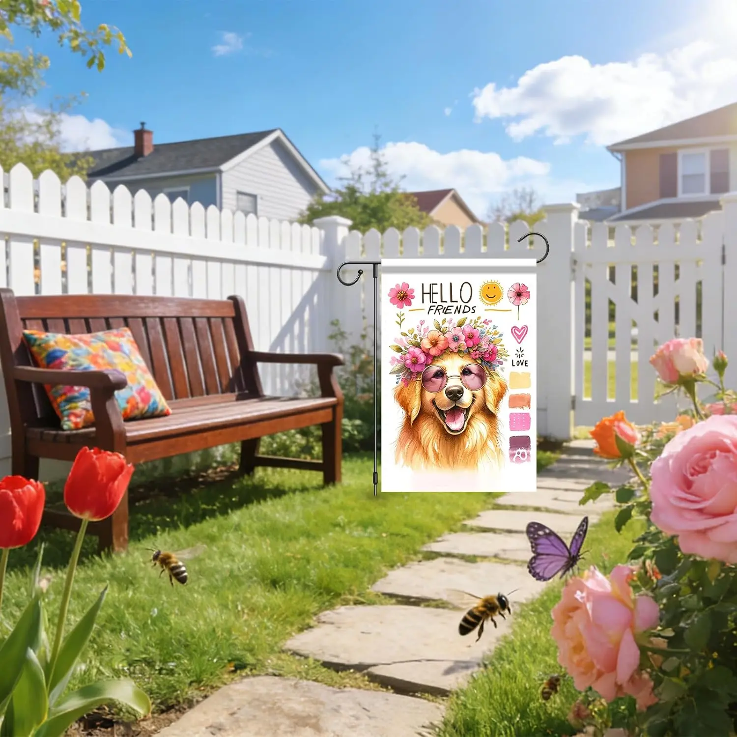 Garden Flag Banner Dog & Flower Wreath Design 12x18in Polyester Flags 12x18 Double Sided for Outside Garden Yard PPZ