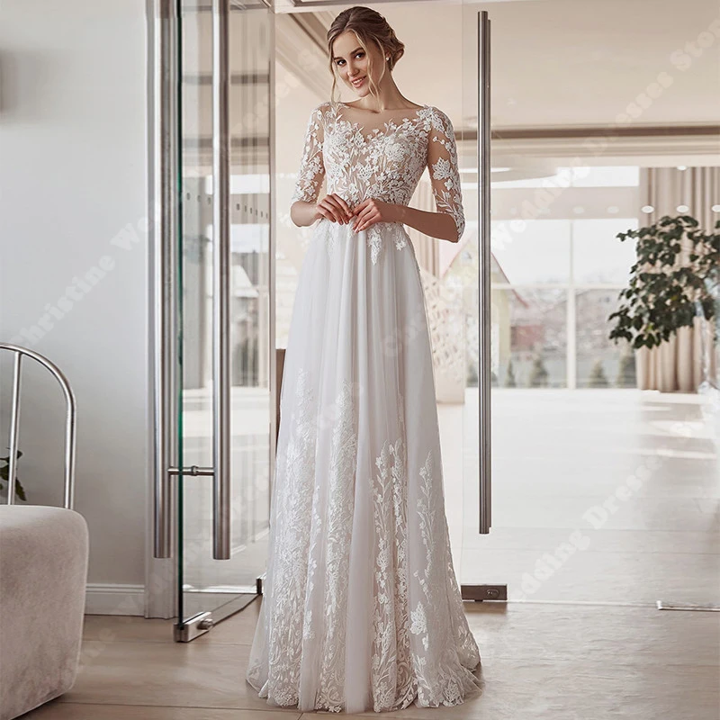 Elegante Kanten Lange Mouwen Vrouwen Trouwjurken Sexy Chiffon Bruidsjurken Dweilen Lengte Print Gewaden Vestidos De Novias 2024