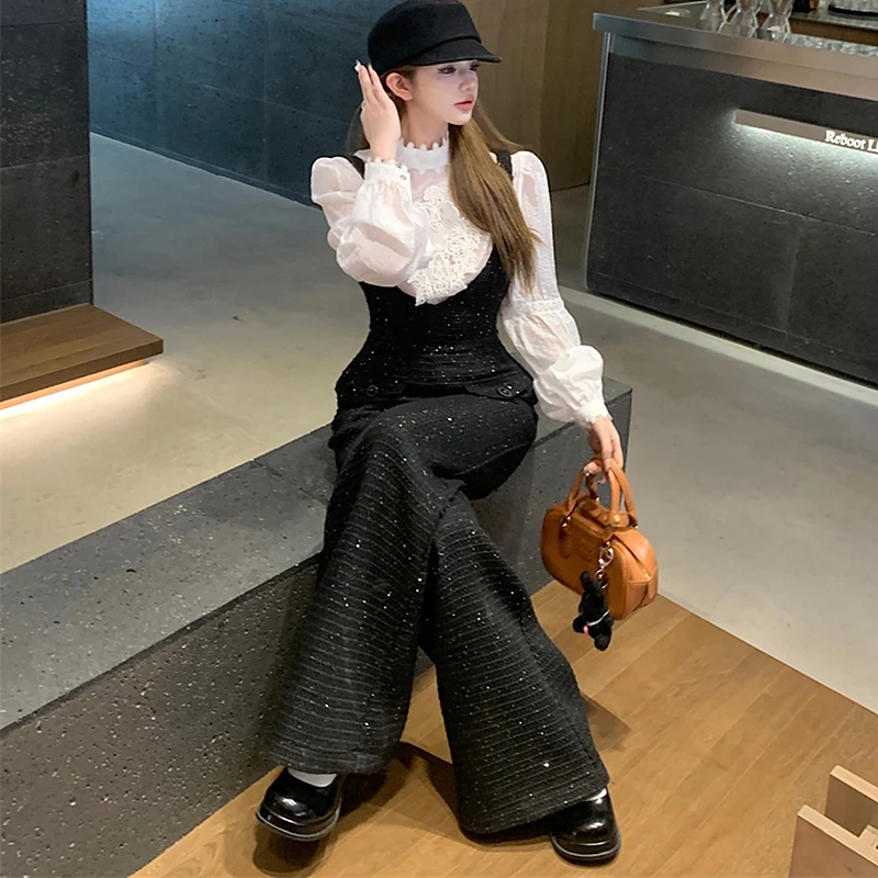 Elegant Tweed Jumpsuit Women Spring Autumn High Waist Black Jumpsuits Combinaison Femme Overalls