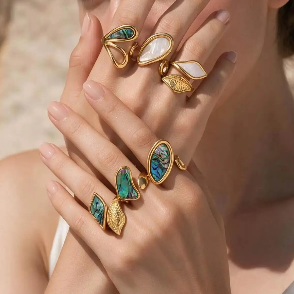 Multi-style Irregular Abalone Shell Ring for Women Fashion Stainless Steel Geometric Open Ring Gold Plated High-end Fine Jewelry