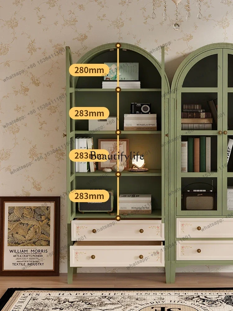 Customization Vintage French Arch Dustproof Glass Door High Cabinet Handcrafted Cabinet Solid Wood